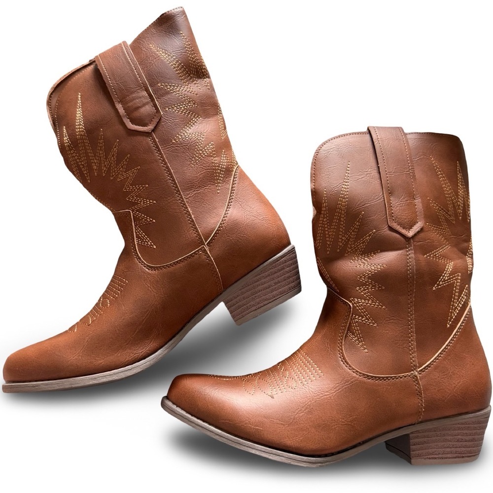 Light Brown Vegan Leather Western Cowboy Boots Women US 7.5 Fashion
